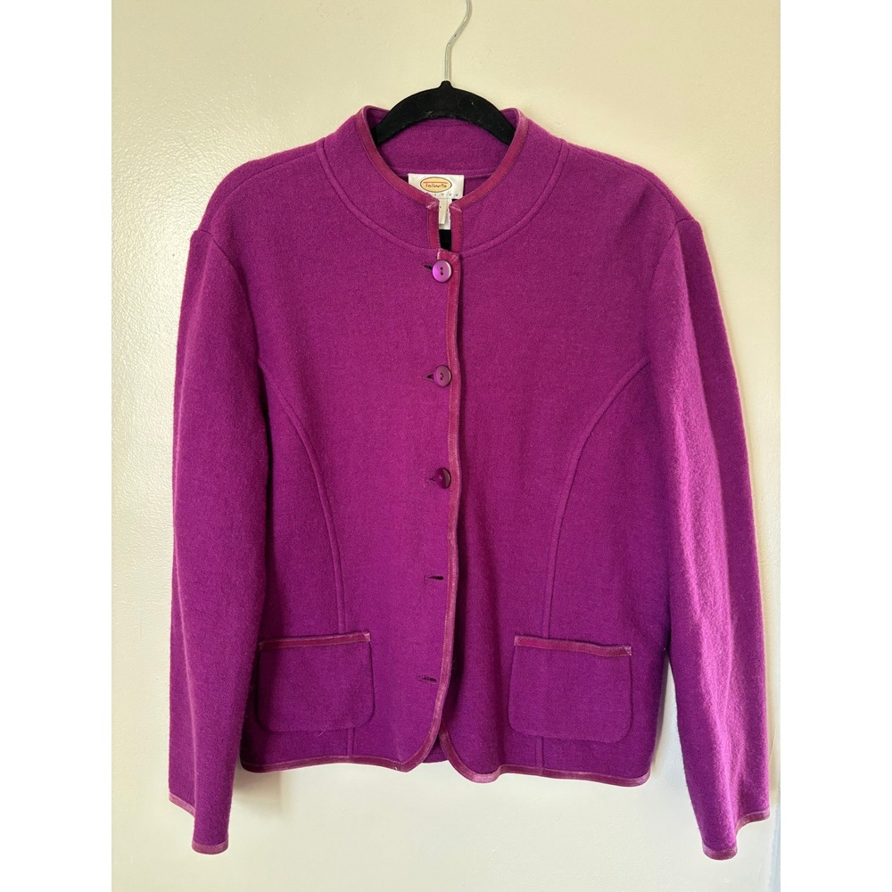 Talbots 100% Merino‎ Boiled Wool Cardigan Sweater Purple Button Velvet Trim Sz L